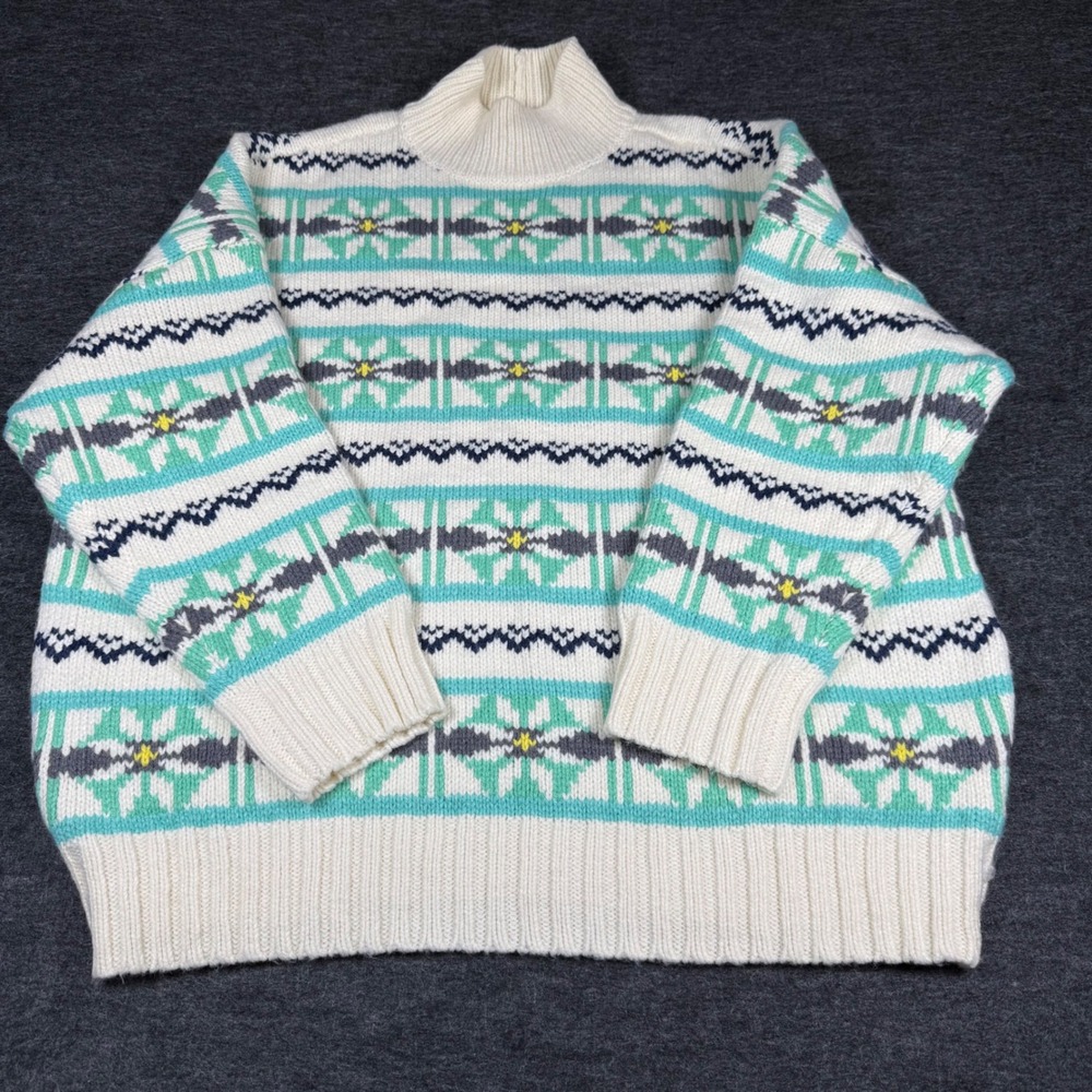 American Eagle Fair Isle‎ Knit Sweater Ivory Turquoise Womens Size L